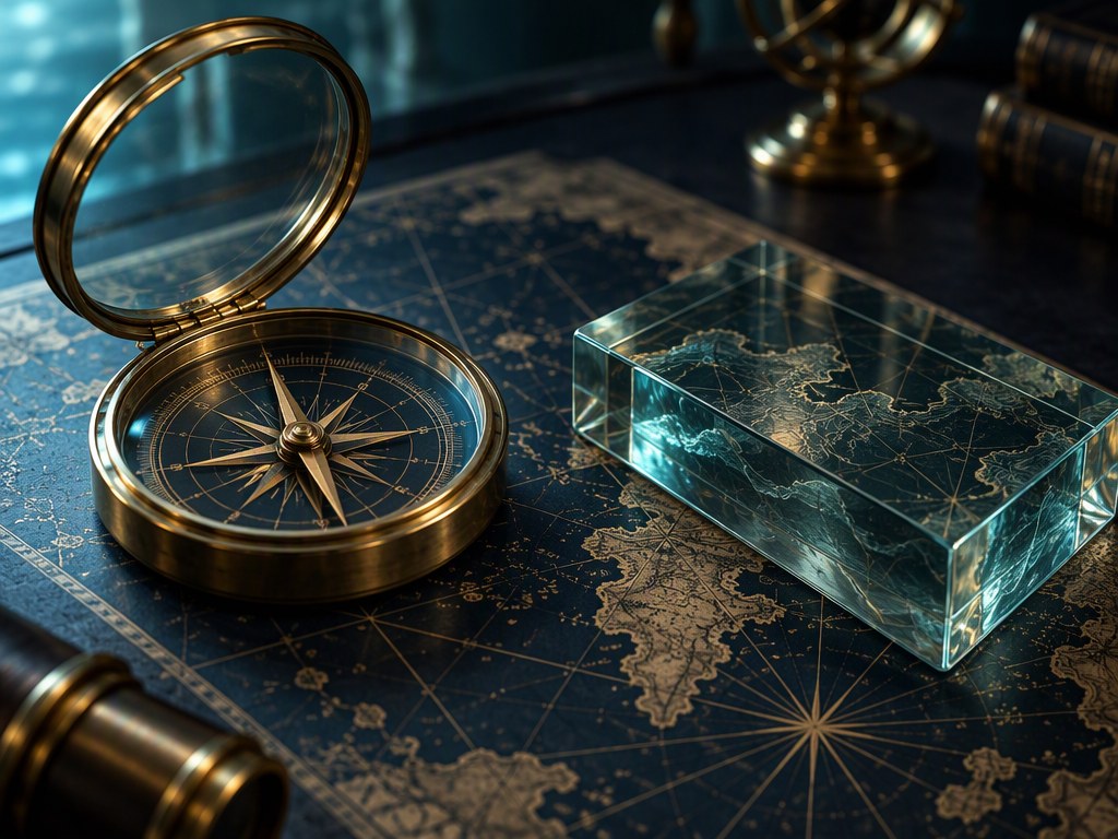 A brass-rimmed glass ledger resting on a dark chart table