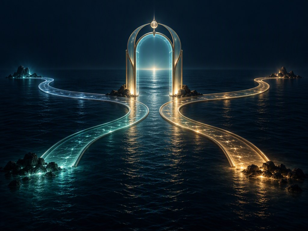 A single glowing harbor gate branching into four illuminated sea routes
