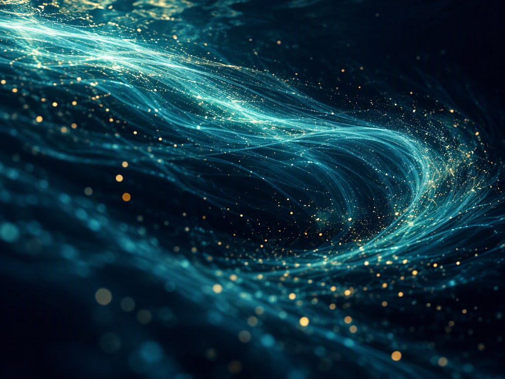 Currents of cyan light streaming continuously across a dark ocean
