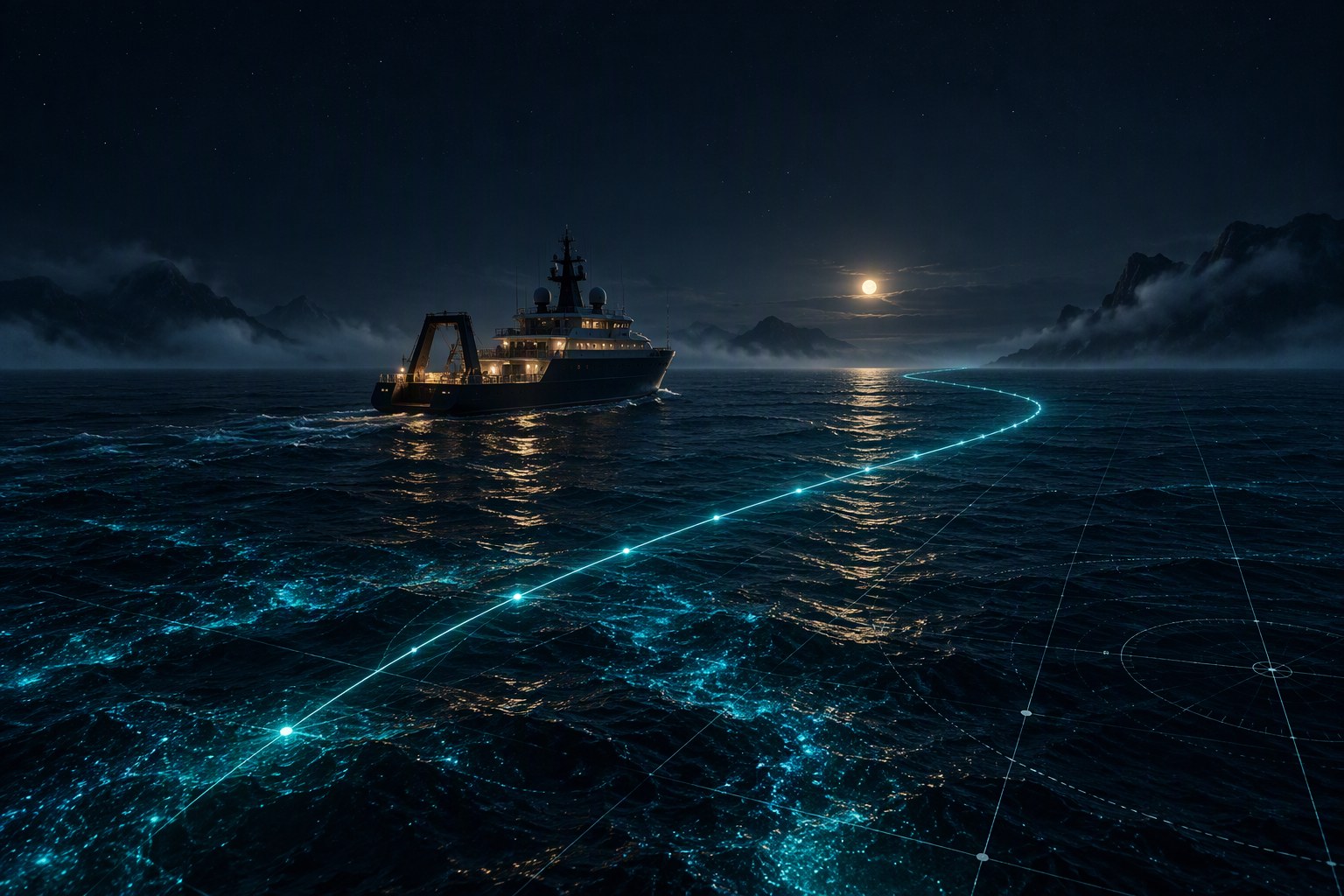 A lone vessel crossing a deep navy sea at night, lit by a luminous teal navigation route